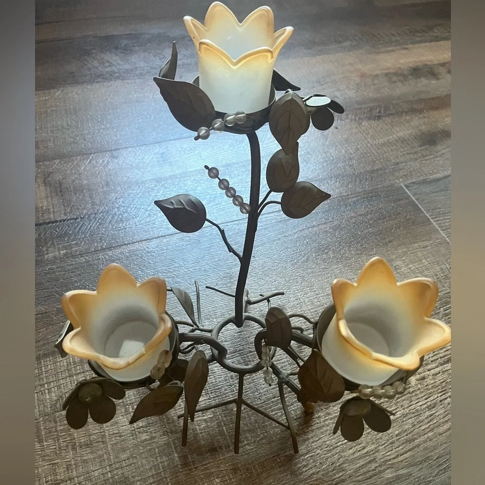 PartyLite Floral Candle Holder with Cream and Brown Accents - Picture 11 of 15